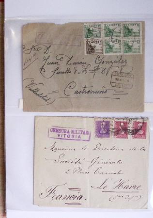 Classeur rouge contenant 93 lettres de la guerre d'Espagne provenant d'une collection primée en expo nationale dont censures et vignettes patriotiques