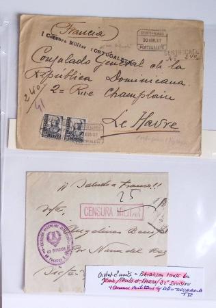 Classeur rouge contenant 93 lettres de la guerre d'Espagne provenant d'une collection primée en expo nationale dont censures et vignettes patriotiques