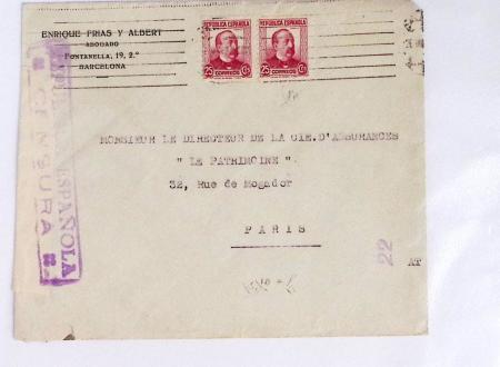 Classeur rouge contenant 93 lettres de la guerre d'Espagne provenant d'une collection primée en expo nationale dont censures et vignettes patriotiques