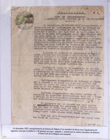 Dans un classeur bleu "exacompta" : timbres fiscaux de Cochinchine-taxes régionales Saïgon-Cholon sur 12 documents d'état-civil en matière indigène