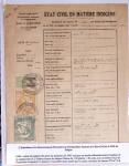 Dans un classeur bleu "exacompta" : timbres fiscaux de Cochinchine-taxes régionales Saïgon-Cholon sur 12 documents d'état-civil en matière indigène