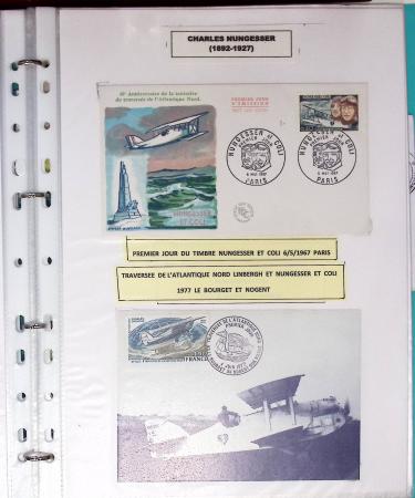 Nungesser et Coli. Collection de 50 documents dans une chemise plastique bleu clair dont 4 cartes postales d'époque, n°1523 épreuve de luxe,...