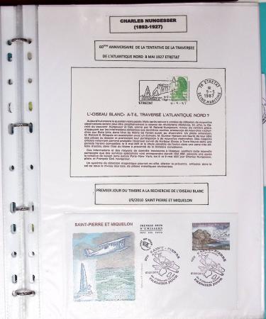 Nungesser et Coli. Collection de 50 documents dans une chemise plastique bleu clair dont 4 cartes postales d'époque, n°1523 épreuve de luxe,...