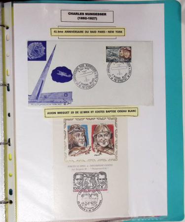 Nungesser et Coli. Collection de 50 documents dans une chemise plastique bleu clair dont 4 cartes postales d'époque, n°1523 épreuve de luxe,...