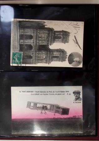 Album compact Safe brun contenant 92 cartes postales anciennes d'aviation et 14 vignettes, nombreux meetings dont porte-timbre Rouen aviation 1910,...