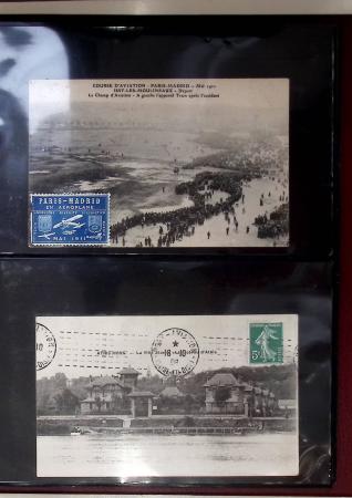 Album compact Safe brun contenant 92 cartes postales anciennes d'aviation et 14 vignettes, nombreux meetings dont porte-timbre Rouen aviation 1910,...
