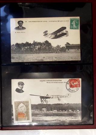 Album compact Safe brun contenant 92 cartes postales anciennes d'aviation et 14 vignettes, nombreux meetings dont porte-timbre Rouen aviation 1910,...