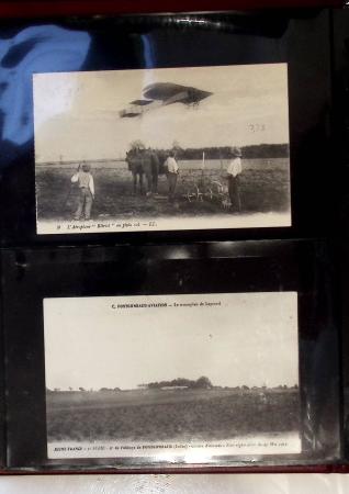 Album compact Safe brun contenant 92 cartes postales anciennes d'aviation et 14 vignettes, nombreux meetings dont porte-timbre Rouen aviation 1910,...