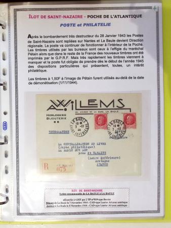 Classeur souple plastique jaune contenant 33 lettres de la Poche de Saint Nazaire avec AFF variés type Pétain, certains avec surcharge "taxe perçue"