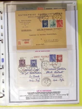 Classeur souple plastique jaune contenant 33 lettres de la Poche de Saint Nazaire avec AFF variés type Pétain, certains avec surcharge "taxe perçue"