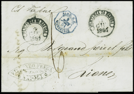 Lettre de Naples pour Lyon avec CAD octogonal bleu