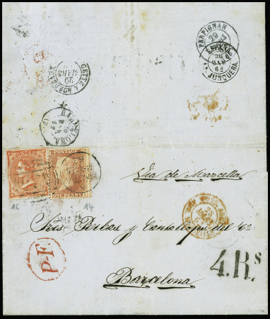 GB n°14 + 16 OBL duplex "A 25 Malta" (1862) sur le