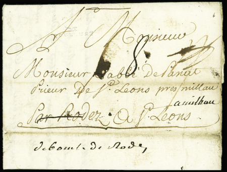 Lettre avec marque manuscrite "Déboursé de Rodez"