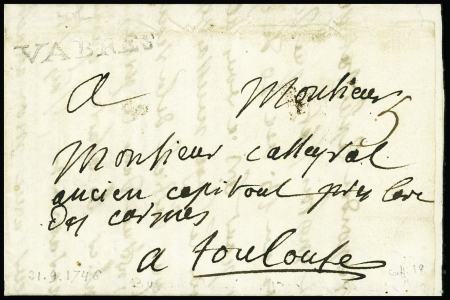Lettre avec MP "Vabres" (1746 - L n°1) ind 22. TB