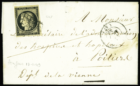 Maine-et-Loire : n°3 OBL grille + T15 Angers (13 janv 49 - bonne date) sur lettre pour Poitiers. B
