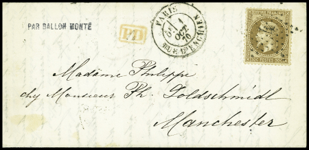 N°30 OBL étoile 4 + CAD "Paris Rue d'Enghien" (1 oct 70) sur ballon monté pour Manchester, ambulant Lille à Paris (8 oct) + arrivée (9 oct). TB