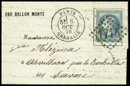 N°29 OBL GC 1715 + CAD "Paris Grenelle" (8 oct 70) sur ballon monté pour Arvillars par La Rochette (Savoie) (arrivée 17 oct) - Le Washington ou Le Louis Blanc