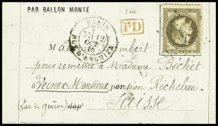 N°30 OBL étoile 4 + CAD "Paris Rue d'Enghien" (1 oct 70) sur ballon monté pour Vernex (Suisse - arrivée 16.10.70) (Le Godefroy Cavaignac ou Le Jean Bart n°1)
