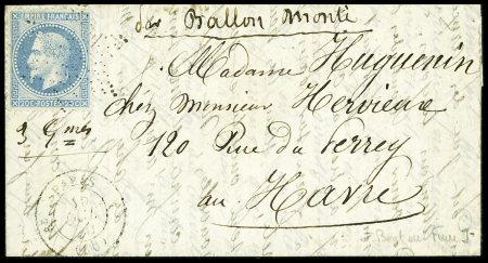 N°29 OBL étoile sur ballon monté pour Le Havre avec arrivée 18 oct (Le Jules Favre n°1 ou Le Jean Bart n°2). TB