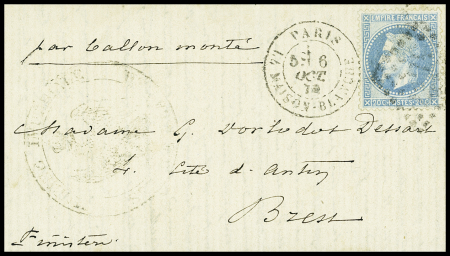 N°29 OBL GC 2170 + CAD "Paris La Maison Blanche" (6 oct 70) sur ballon monté pour Brest (arrivée 18 oct 70) avec au recto cachet "marine impériale" (faible)