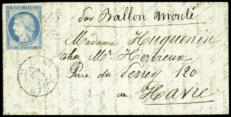 N°37 OBL étoile muette + CAD du bureau central "2e Paris 1 (60)" (12 oct 70) sur ballon monté pour Le Havre avec arrivée 18 oct (Le Jules Favre n°1 ou Le Jean Bart n°2)