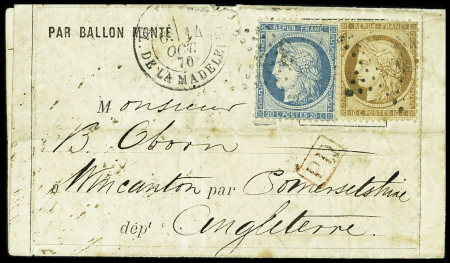 N°36 + 37 OBL étoile 3 + CAD "Paris PL. de la Madeleine" (14 oct 70 - 1er jour d'utilisation des timbres 36 et 37) sur ballon monté pour La Grande-Bretagne