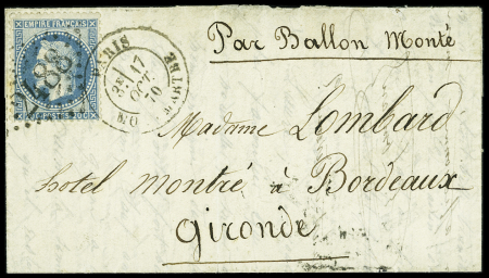 N°29 OBL GC 2488 + CAD "Paris Montmartre" (17 oct 70) sur ballon monté pour Bordeaux avec arrivée 22 octobre (Le Victor Hugo). TB