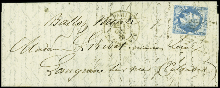 N°29 OBL étoile 25 + CAD "Paris R. Serpente" (18 oct 70) sur ballon monté pour Langrune sur Mer (Calvados) avec arrivée Luc-s-Mer (22 oct 70) au verso (Le Lafayette)