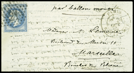 N°29 OBL étoile 21 + CAD "Paris R. St Antoine" (20 oct 70) sur ballon monté pour Marseille avec arrivée 2 nov. TB