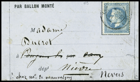 N°29 OBL CAD T17 Tours (1 nov 70 - pli confié) sur ballon monté pour l'épouse du général Ducrot à Pougues les Eaux (Nièvre - arrivée 3 nov) réexpédié à Nevers