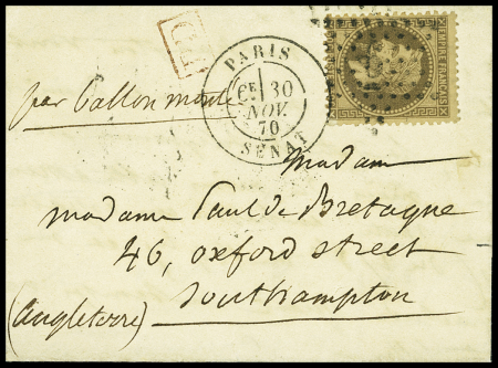 N°30 OBL étoile 6 + CAD "Paris Sénat" (30 nov 70) sur ballon monté pour Southampton avec arrivée 6 dec (Le Jules Favre n°2). TB