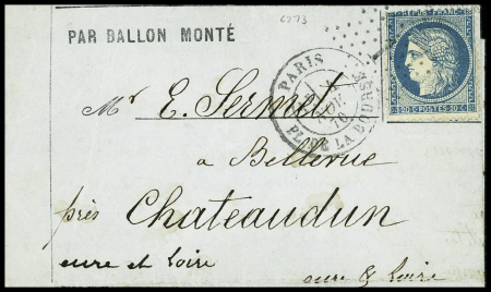 N°37 OBL étoile 1 + CAD "Paris PL. de la Bourse" (4 nov 70) sur ballon monté pour Chateaudun avec arrivée 8 nov (Le Galilée). TB