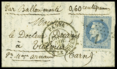 N°29 OBL étoile 1 + CAD "Paris PL. de la Bourse" (5 nov 70) sur une petite lettre avec mention manuscrite "par ballon monté 0,60 centigrammes" pour Vielmur-s-Agout