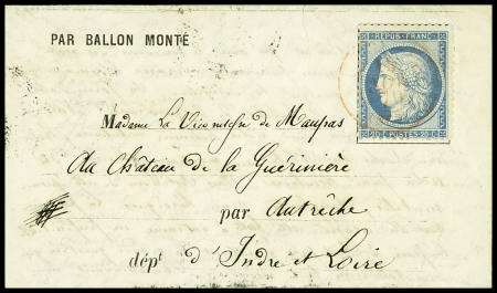 N°37 OBL CAD rouge "Paris (SC)" (15 nov 70) sur ballon monté pour Autrèche (Indre et Loire) avec arrivée 26 nov (Le Général Uhrich). TB