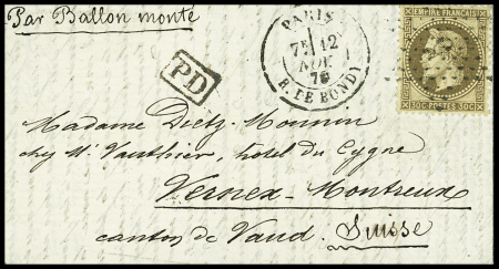 N°30 OBL étoile 5 + CAD "Paris R. de Bondy" (12 nov 70) sur ballon monté pour Vernex (Suisse) (arrivée 26 nov 70). TB