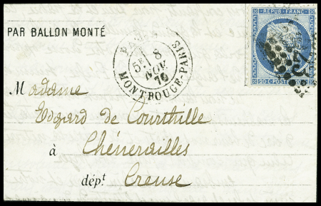 N°37 OBL GC 2523 + CAD "Paris Montrouge-Paris" (8 nov 70) sur ballon monté pour Chénerailles (Creuse) avec au verso T17 Moulins-s-Allier (27 nov 70) et T16 Chenerailles (29 nov)