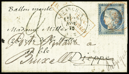 N°37 OBL CAD rouge "Paris (SC)" (18 nov 70), à côté CAD de passage de Luzarches (20 nov 70) sur ballon pour Dieppe réexpédié en poste restante à Bruxelles