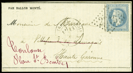 N°29 OBL GC 2523 + CAD "Paris Montmartre" (18 nov 70) sur ballon monté pour Villefranche de Lauragais réexpédié à Toulouse au verso (Le Général Uhrich)