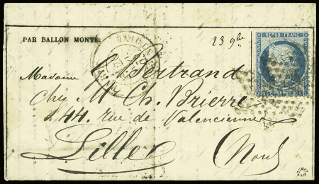 N°37, OBL étoile 21 R. St Antoine (20 nov 70) sur ballon monté pour Lille avec arrivée 23 nov 70. TB