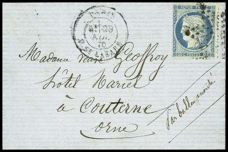 N°37 OBL étoile 2 + CAD "Paris R. St Lazare" (29 nov 70) sur ballon monté pour Couterne (Orne) avec arrivée 4 dec 1870 (Le Jules Favre n°2). TB