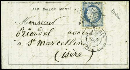 N°37 OBL étoile muette + CAD "Paris (60)" (6 dec 70) sur dépêche ballon n°12 pour St Marcellin Isère (arrivée 12 dec) (Le Denis Papin). TB