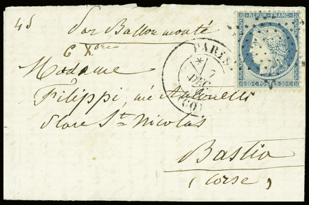 N°37 OBL étoile muette + CAD "Paris (60)" (7 dec 70) sur ballon monté pour Bastia (Corse) avec arrivée 22 dec 70 (Le Général Renault). TB