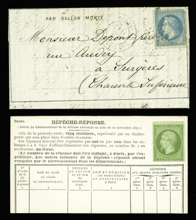 N°29 OBL étoile 15 + CAD "Paris R. Bonaparte (10 dec 70) sur dépêche ballon n°13 pour Surgères (Charente Inférieure) avec arrivée 20 dec