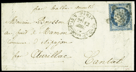 N°37 OBL étoile 20 + CAD "Paris R. St DOMque St Gn 58" (12 dec 70) sur ballon monté pour Aurillac (Cantal) sans arrivée (La Ville de paris) (ballon capturé)