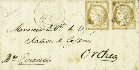 N°36 en paire OBL étoile 20 + CAD "Paris R. St DOMque St GN 58" (17 dec 70) sur ballon monté pour Orthez (Basses Pyrénées) avec arrivée 21 dec. TB