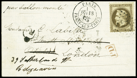 N°30 OBL GC 2793 + CAD "Paris Passy Les Paris" (18 dec 70) sur ballon monté pour Londres réexpédié localement (arrivée 26 dec) avec au recto marque