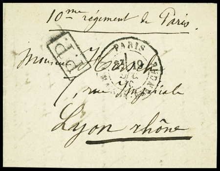 Lettre militaire avec CAD "Paris Maison Blanche" (19 dec 70) + "PP" encadré noir + mention manuscrite "10e régiment de Paris" pour Lyon avec arrivée 27 dec
