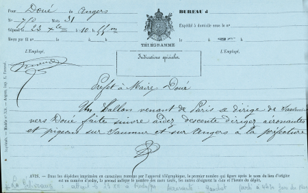 N°37 OBL étoile muette + CAD "Paris (60)" (21 dec 70) sur ballon monté pour Les Abrets (Isère) avec arrivée 28 dec + télégramme bleu du 23 déc