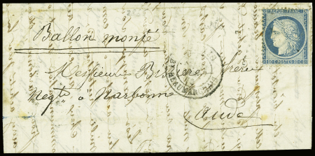 N°37 OBL étoile 12 (faible) + CAD "Paris Bt Beaumarchais" (31 dec 70) sur ballon monté pour Narbonne, arrivée 11 janv 71 (Le Newton). TB