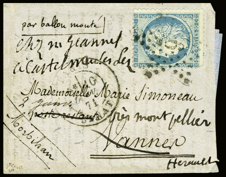 N°37 OBL étoile 6 + CAD "Paris Sénat" (10 janv 71) sur petit ballon monté pour Vannes (arrivée 12 janv) réexpédiée à Montpellier (arrivée 14 janv) (Le Kepler)